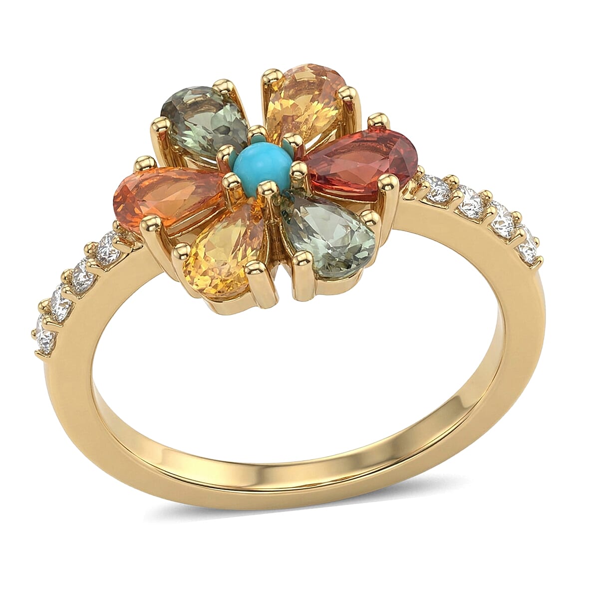 D'Joy Premium Multi Sapphire, Multi Gemstone Color Flower Ring in 18K Vermeil YG Over Sterling Silver (Size 10.0) 2.35 ctw