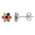 D'Joy Premium Multi Sapphire 0.70 ctw Rainbow Bloom Studs Earrings in Rhodium Over Sterling Silver - Sticky add to cart bar
