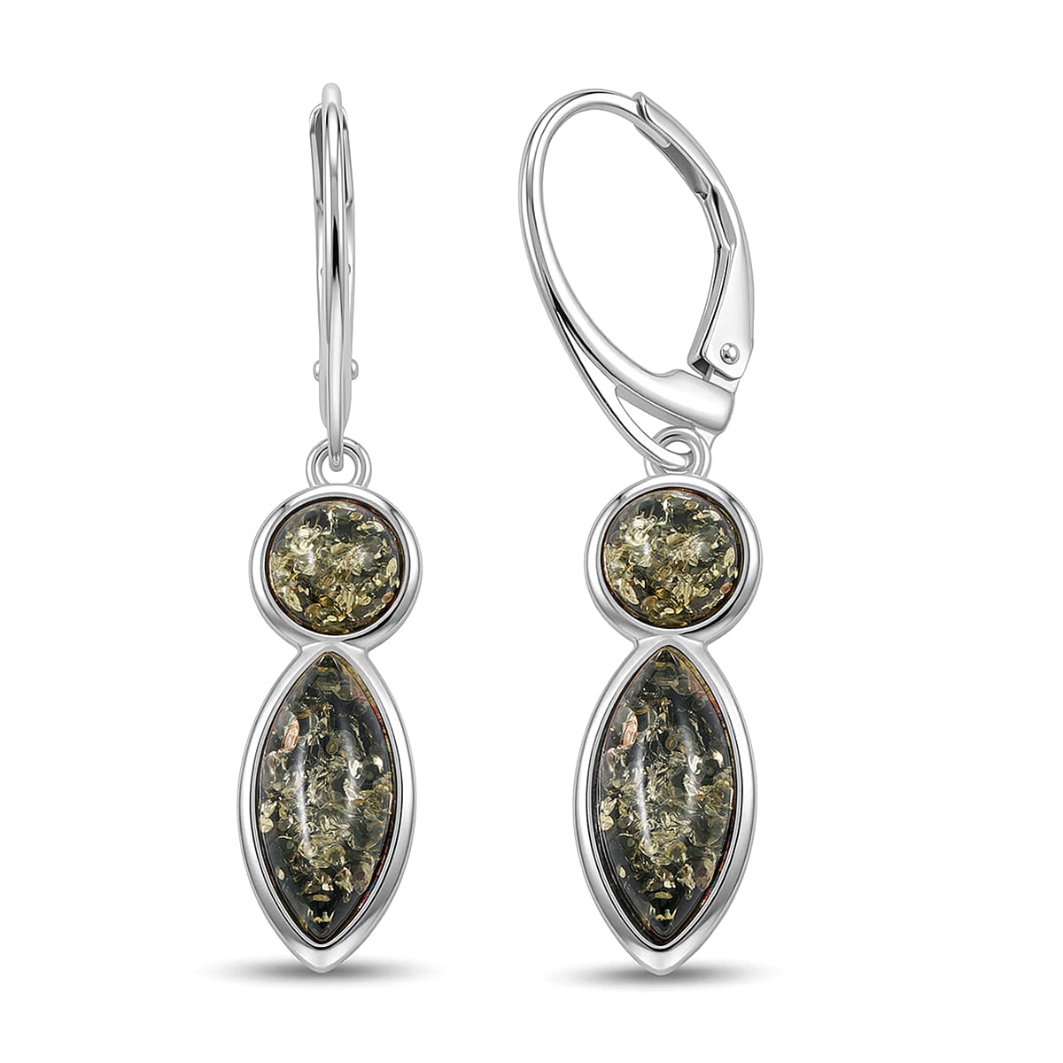 Green Amber Dangle Earrings in Sterling Silver