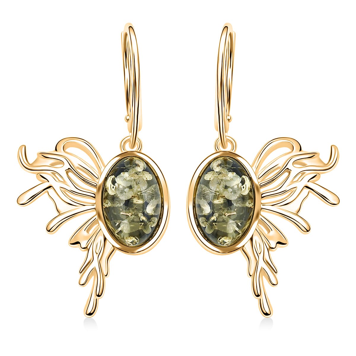 Green Amber Earrings in 14K YG Over Sterling Silver