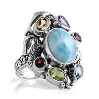 D''Joy Bali Legacy Premium Larimar and Multi Gemstone 10.10 ctw Ring in Sterling Silver