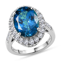 D'Joy Certified London Blue Topaz, Moissanite Ring in Rhodium Over Sterling Silver (Size 10.0) 8.00 ctw
