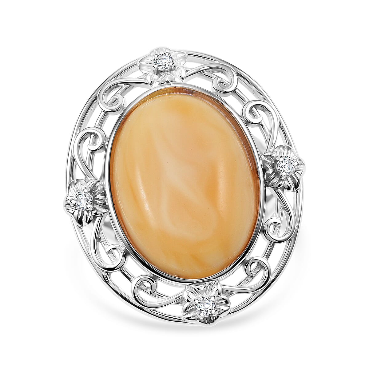 Butterscotch Amber, Simulated Diamond Ring in Sterling Silver (Size 6.0) 1.00 ctw