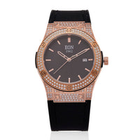 EON 1962 Moissanite Ronda 505 with Date Swiss Movement Watch with Leather Strap in ION Plated RG Stainless Steel 3.00 ctw