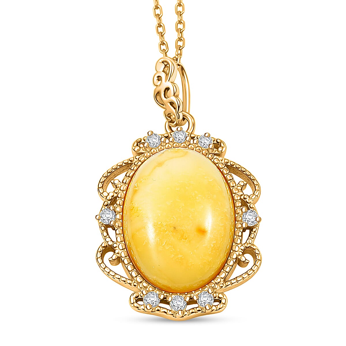 Butterscotch Amber, Simulated Diamond Necklace in 14K YG Over Sterling Silver (16-18 Inches)