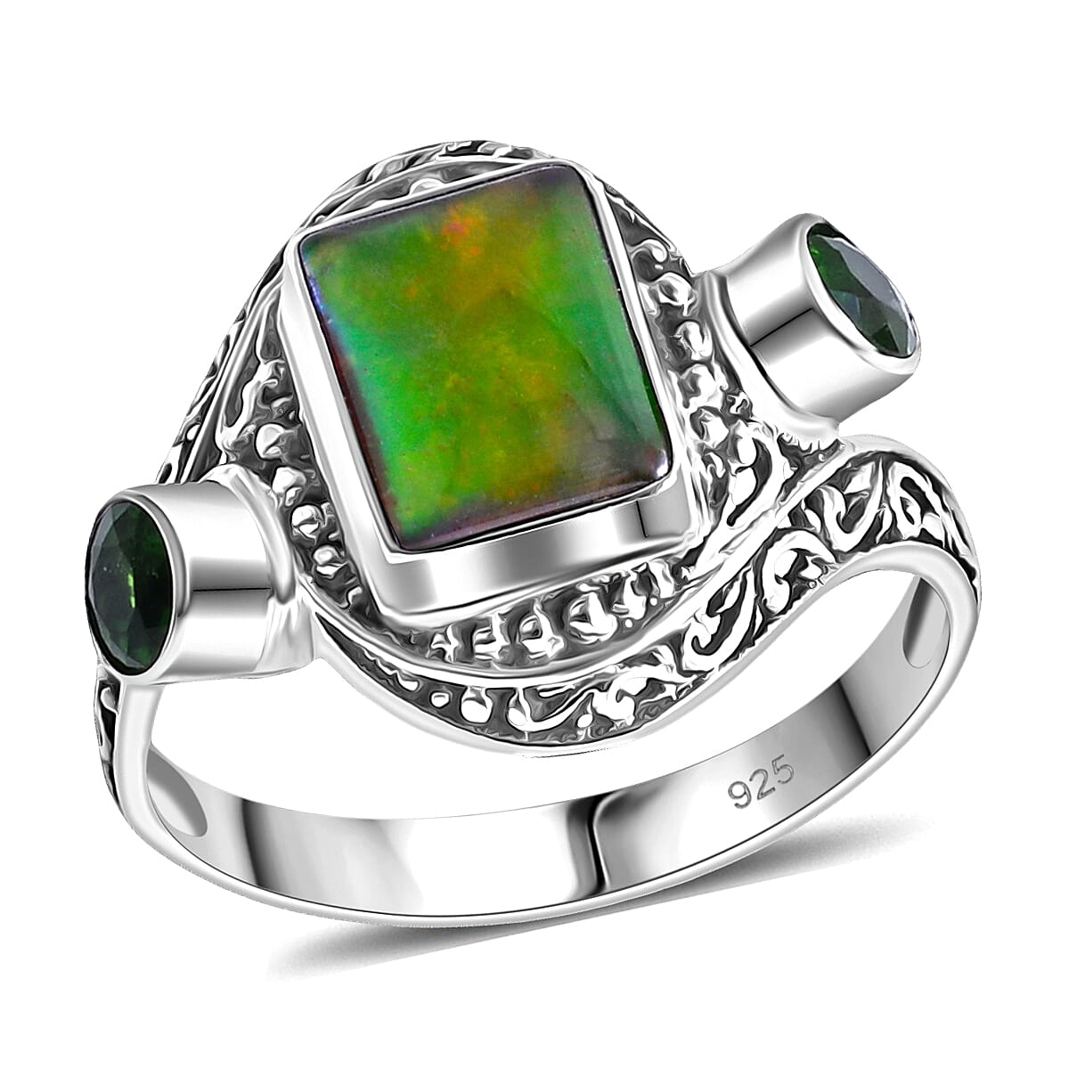Bali Legacy Canadian Ammolite and Chrome Diopside 0.70 ctw Ring in Sterling Silver (Size 6.0)