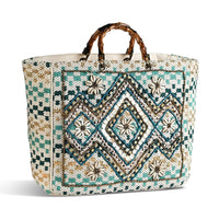 La Marey Blue Cotton Hand Embroidered Beaded Diamond Pattern Tote bag with Bamboo Handle