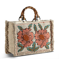 La Marey Beige Cotton Hand Embroidered Daisy Pattern Tote bag with Fringes