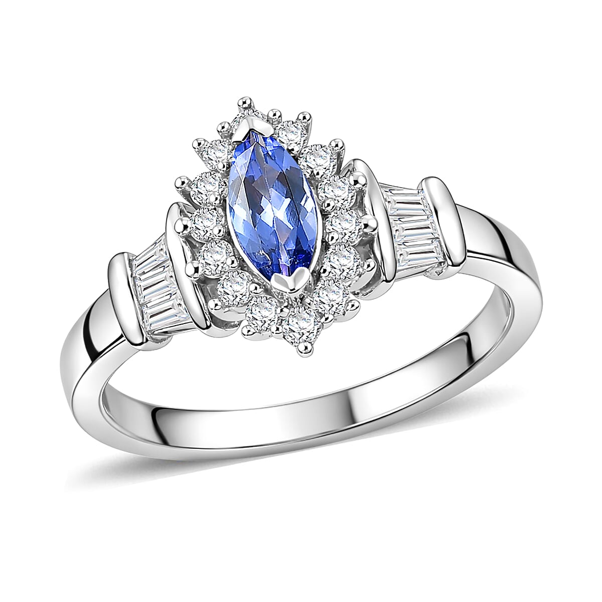 D'Joy Tanzanite, White Zircon Vintage Halo Ring in Rhodium Over Sterling Silver (Size 10.0) 1.00 ctw