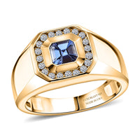 Asscher Cut Tanzanite, Luxuriant Lab Grown Diamond (G-H, SI) (0.30 cts) Men's Ring in 18K Vermeil YG Over Sterling Silver (Size 10.0) 1.15 ctw