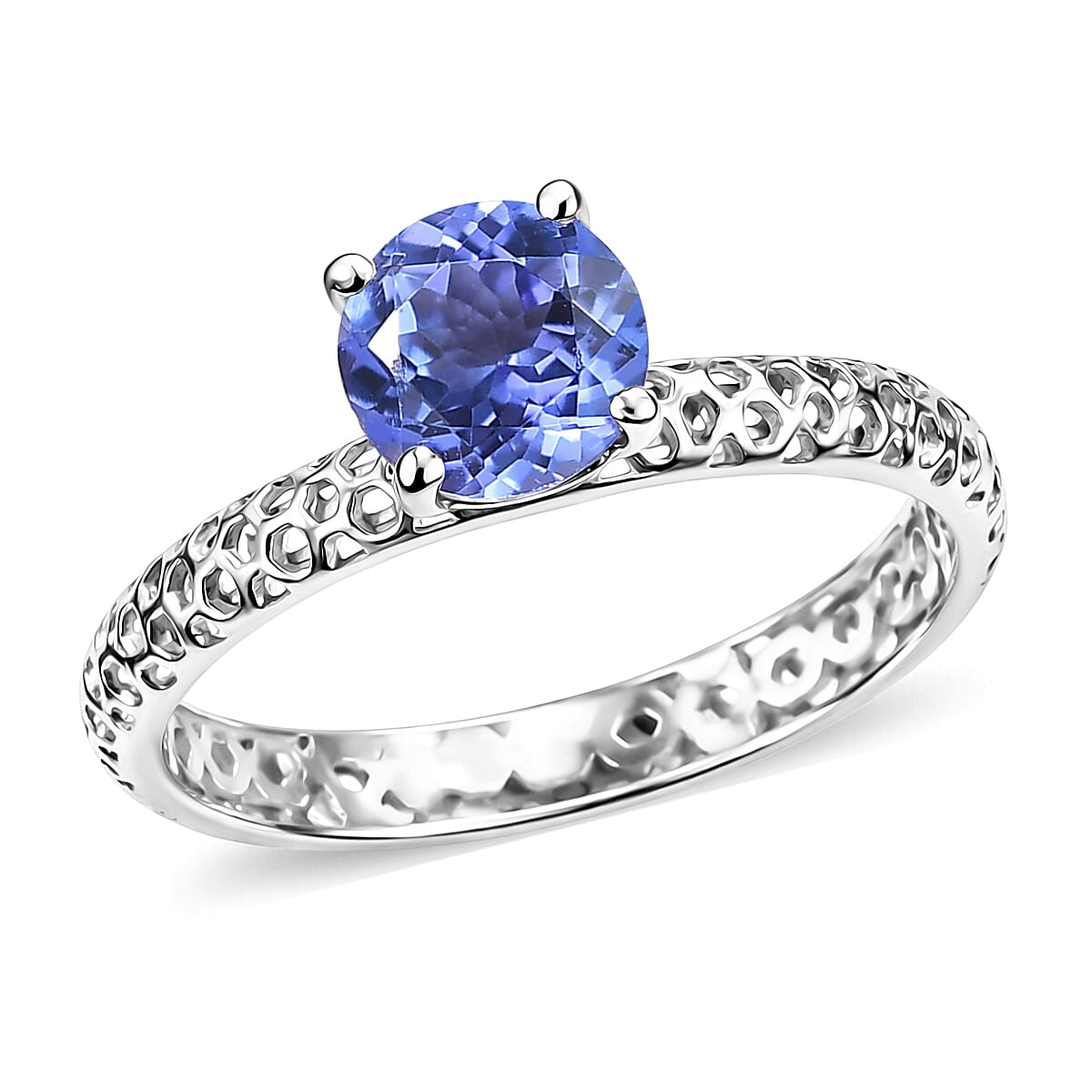 D'Joy Premium Tanzanite Hive Lattice Solitaire Ring in Rhodium Over Sterling Silver (Size 6.0) 1.20 ctw