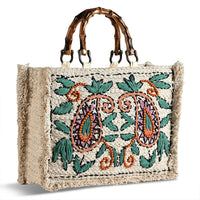 La Marey Beige Cotton Hand Embroidered Daisy Pattern Tote bag with Fringes