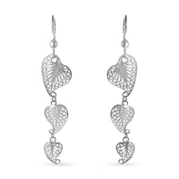 Filigree Triple Heart Dangle Earrings in Sterling Silver 3.15 Grams