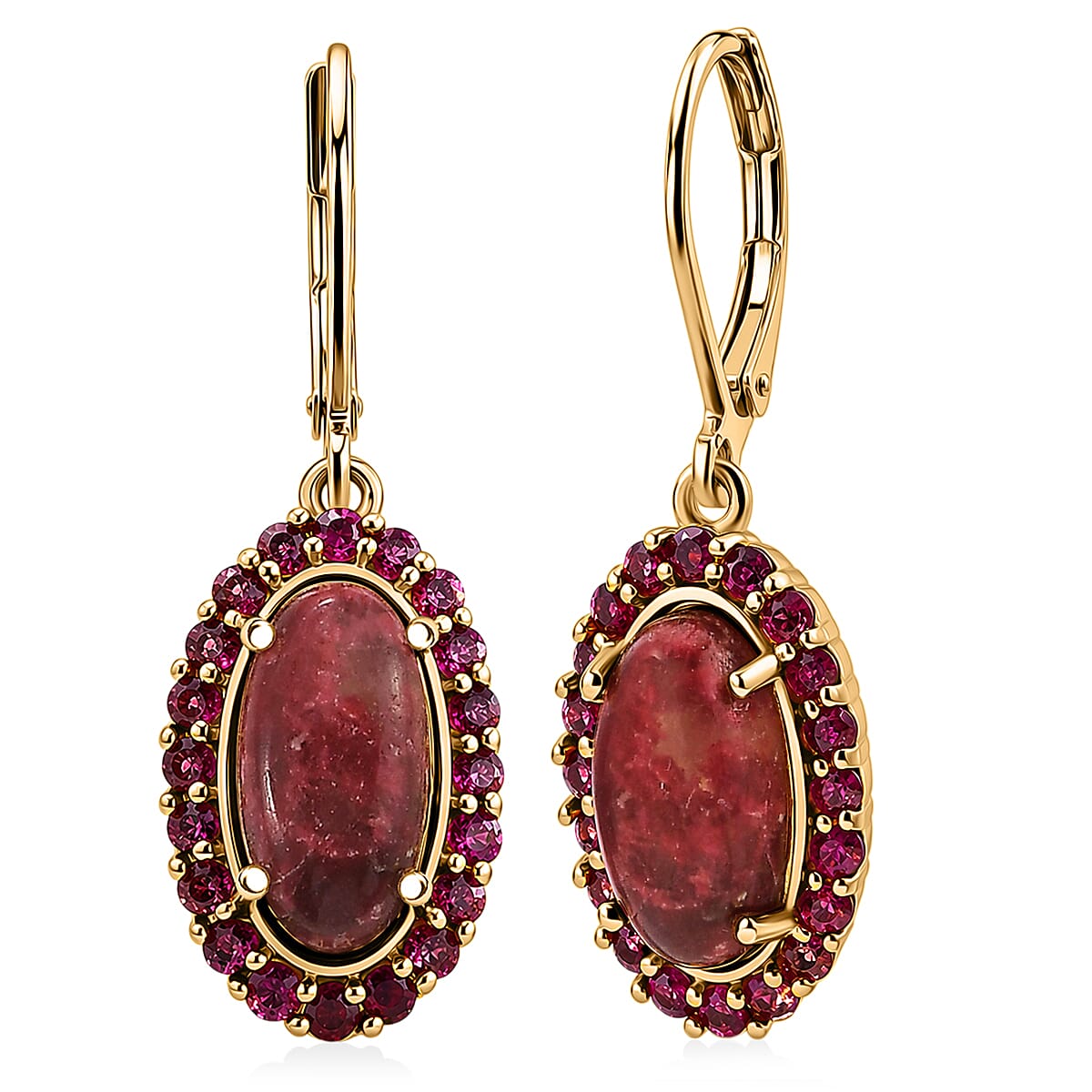 EverTrue Premium Norwegian Thulite and Orissa Rhodolite Garnet 6.60 ctw Blooming Rose Elegance Earrings in 18K Yellow Gold Plated (Ships in 10-12 Days)