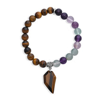 Yellow Tiger's Eye and Multi Fluorite 43.00 ctw Beaded Stretch Bracelet in Silvertone (6.25-7.25In)