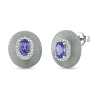 D'Joy Tanzanite, White Jade (D) and Moissanite 8.70 ctw Victorian Era Halo Earrings in Rhodium Over Sterling Silver (Ships in 8-10 Days)