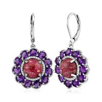 EverTrue Premium Norwegian Thulite and African Amethyst 8.30 ctw Blooming Petal Crown Earrings in Platinum Bond (Ships in 10-12 Days)