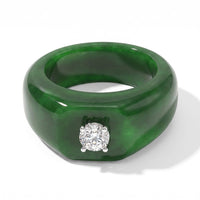 Lab Grown Diamond (G-H, SI) (0.52 cts), Green Jade Ring in Rhodium Over Sterling Silver (Size 10.0) 40.00 ctw