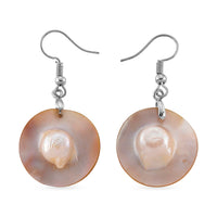 Round Shell Pearl Dangle Earrings in Silvertone