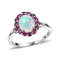 D'Joy Premium Ethiopian Welo Opal, Radiant Ember Garnet Ring in Rhodium Over Sterling Silver (Size 10.0) 1.85 ctw