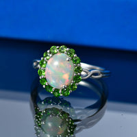 D'Joy Premium Ethiopian Welo Opal, Radiant Ember Garnet Ring in Rhodium Over Sterling Silver (Size 10.0) 1.85 ctw