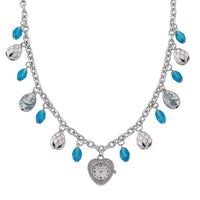 Strada Austrian Crystal SL68 Quartz Movement Necklace Watch with Blue Glass and Enameled Charms in Stainless Steel (18 Inches)