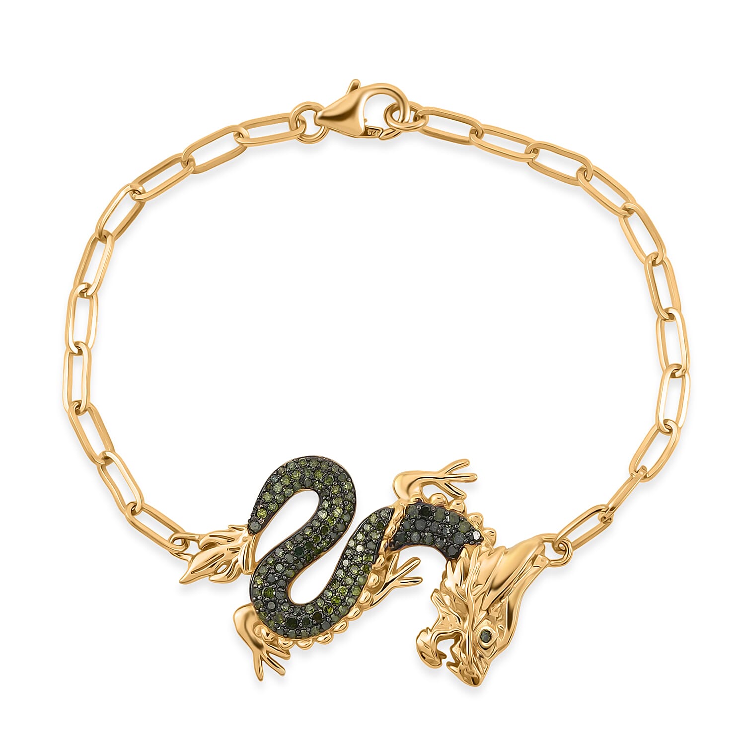 GP Trionfo Collection Green Diamond 0.90 ctw Dragon Bracelet in 18K Vermeil Yellow Gold Sterling Silver (7.25 In)