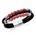 Norwegian Thulite Beaded and Genuine Leather Bracelet in Stainless Steel (6.75 In) 75.00 ctw - Sticky add to cart bar