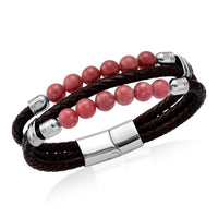 Norwegian Thulite Beaded and Genuine Leather Bracelet in Stainless Steel (6.75 In) 75.00 ctw