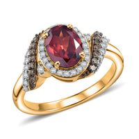 D'Joy AAA Red Zircon and Natural Champagne and White Diamond 2.00 ctw Ring in 18K Vermeil Yellow Gold Over Sterling Silver