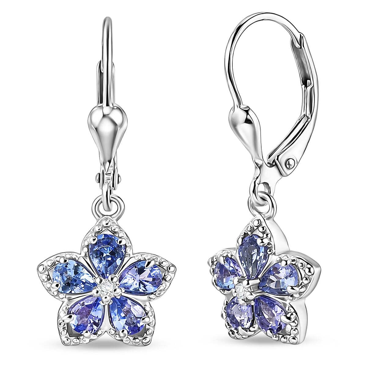 D'Joy Tanzanite and Moissanite 1.50 ctw Floral Bloom Earrings in Rhodium Over Sterling Silver