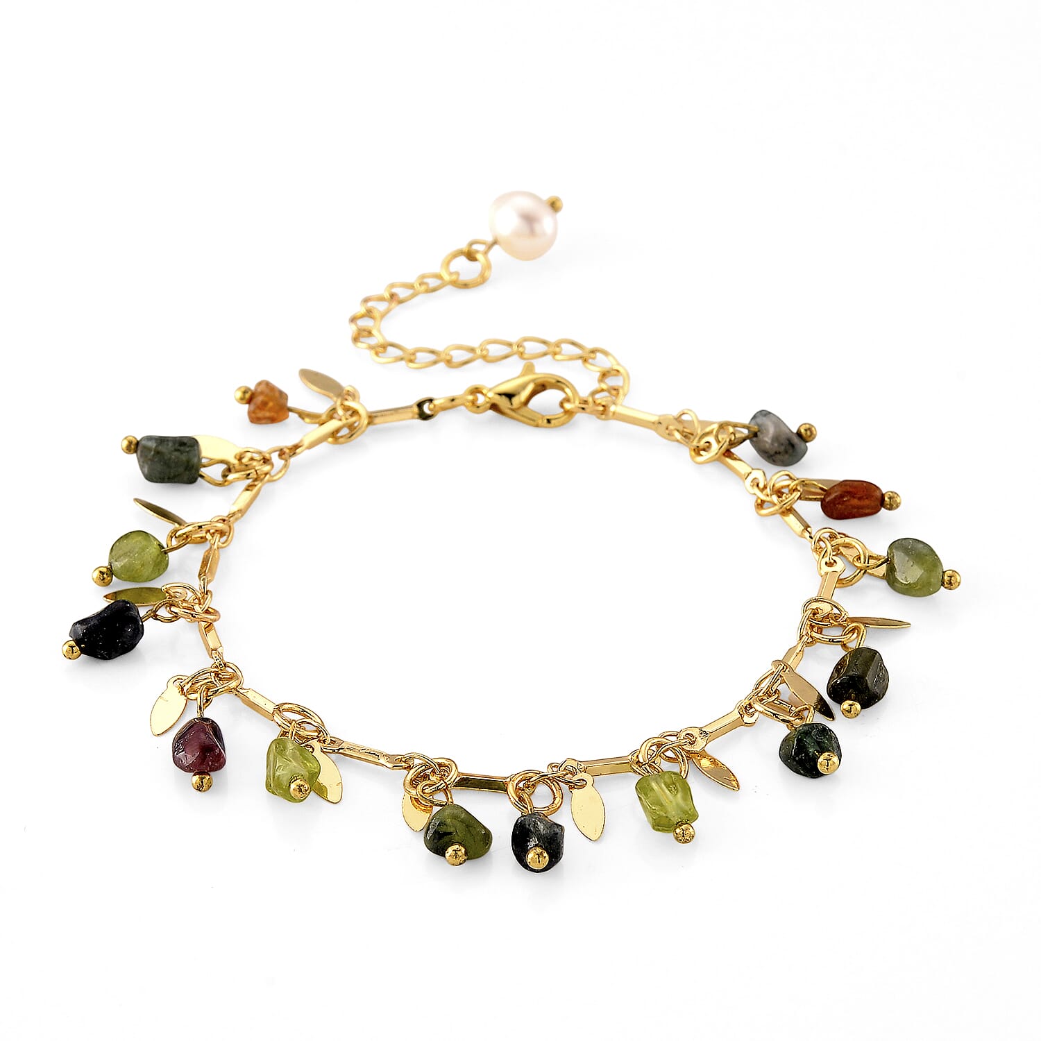 White Freshwater Pearl and Multi Tourmaline 12.00 ctw Beaded Bracelet in Goldtone (6.5-8In)