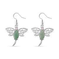 Green Aventurine and Austrian Crystal 12.00 ctw Dragonfly Earrings in Silvertone