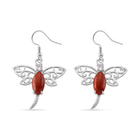 Red Jasper and Austrian Crystal 12.00 ctw Dragonfly Earrings in Silvertone