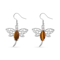 Yellow Tiger's Eye and Austrian Crystal 12.00 ctw Dragonfly Earrings in Silvertone
