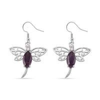 African Amethyst and Austrian Crystal 12.00 ctw Dragonfly Earrings in Silvertone
