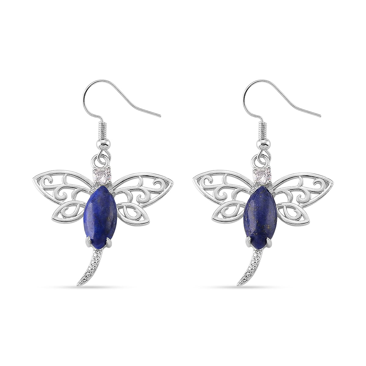 Lapis Lazuli and Austrian Crystal 12.00 ctw Dragonfly Earrings in Silvertone