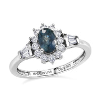 D'Joy Montana Sapphire, Moissanite Sunburst Halo Ring in Rhodium Over Sterling Silver (Size 10.0) 1.25 ctw