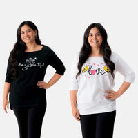 Set of 2 Black and White Long Sleeves Top - One Size Plus