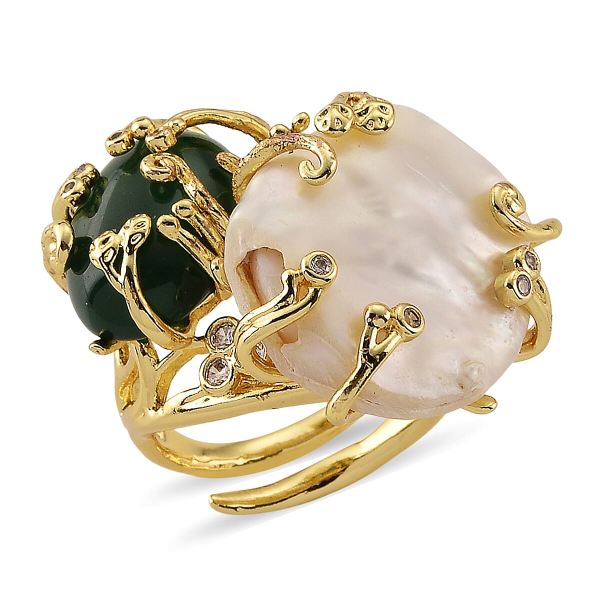 Green Agate and Multi Gemstone 30.20 ctw Ring (Adjustable) in Silvertone