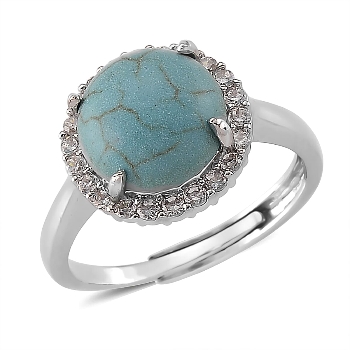 Blue Howlite and Simulated Diamond 5.00 ctw Ring (Adjustable) in Silvertone