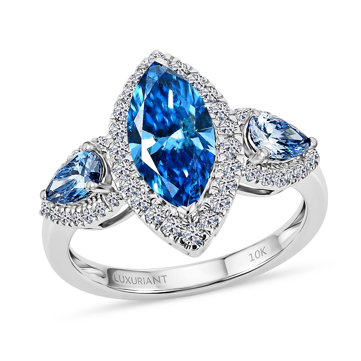 10K White Gold Luxuriant Lab Grown Blue Diamond (IR) and Lab Grown Diamond VS Halo Ring (Size 6.0) 2.50 ctw