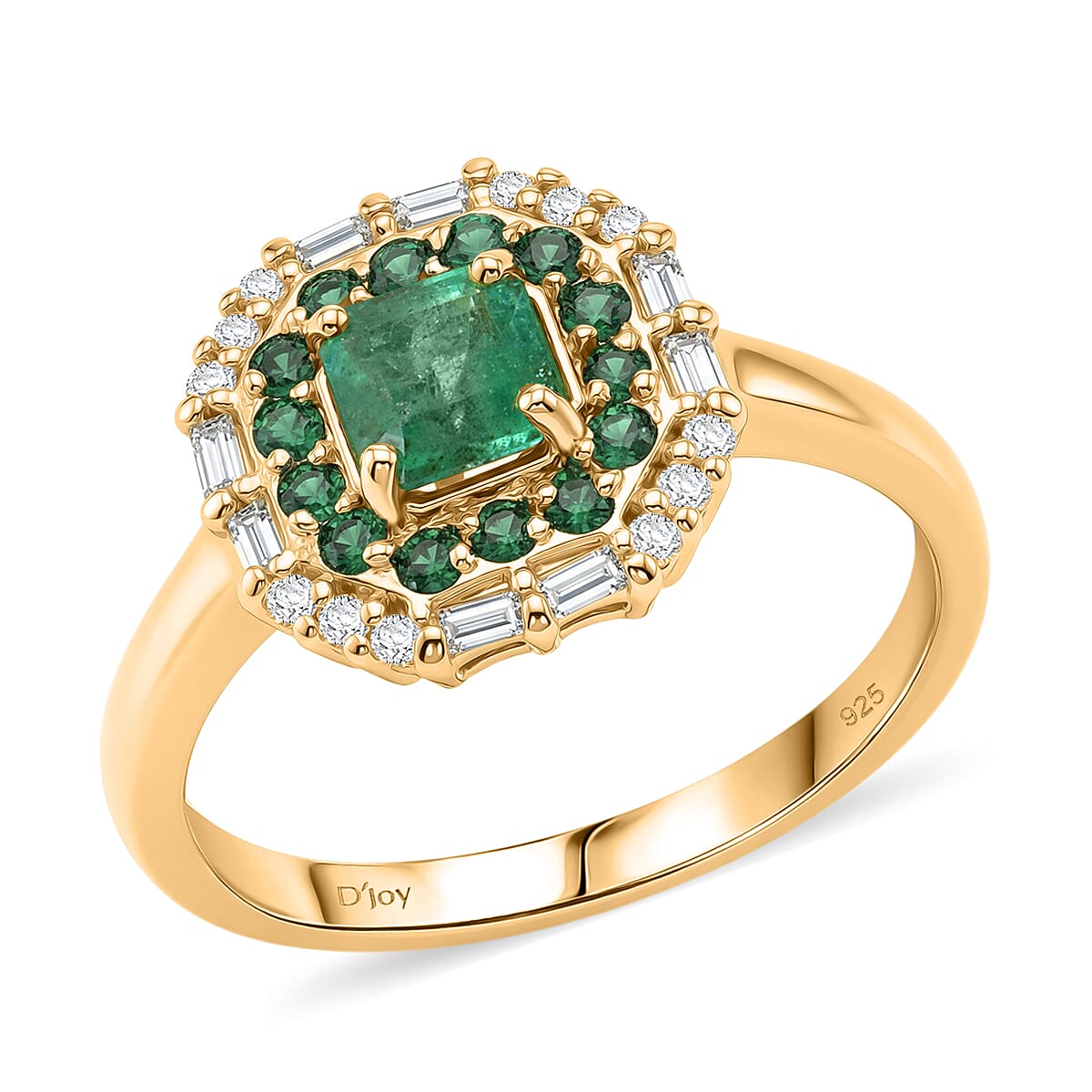 D'Joy AAA Kagem Zambian Emerald and Moissanite 1.20 ctw Royal Blossom Ring in 18K Vermeil Yellow Gold Over Sterling Silver