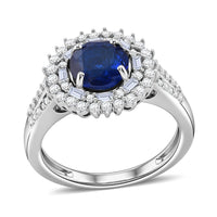D'Joy Premium Tanzanian Blue Spinel (DF) and Moissanite 2.20 ctw Royal Midnight Halo Ring in Rhodium Over Sterling Silver