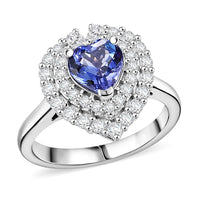 D'Joy Tanzanite and Moissanite 1.75 ctw Heart Ring in Rhodium Over Sterling Silver (Size 7.0)