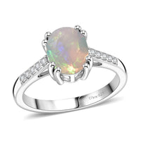 D'Joy Premium Ethiopian Welo Opal and White Zircon Ring in Rhodium Over Sterling Silver (Size 10.0) 1.60 ctw