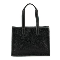 La Marey Green Embossed Pattern Genuine Leather Tote Bag with Long Strap