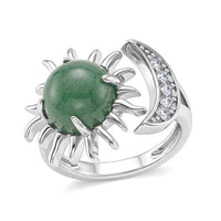 Green Aventurine, Simulated Diamond Ring (Adjustable) in Silvertone 9.00 ctw