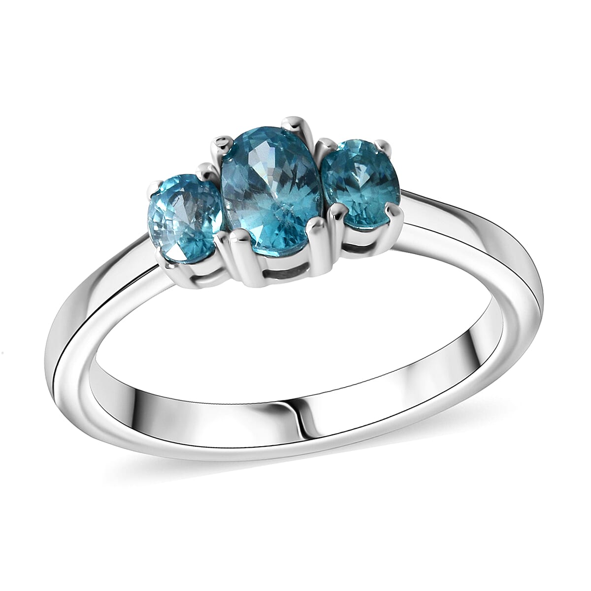 D'Joy Premium Cambodian Blue Zircon Trinity Ring in Rhodium Over Sterling Silver (Size 10.0) 1.30 ctw