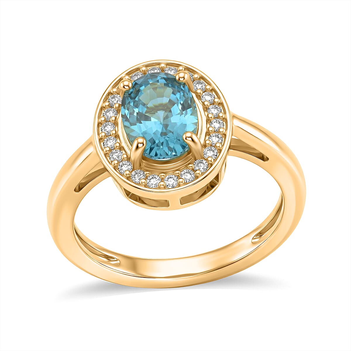D'Joy Premium Cambodian Blue Zircon, Moissanite Ring in 18K Vermeil YG Over Sterling Silver (Size 10.0) 2.10 ctw